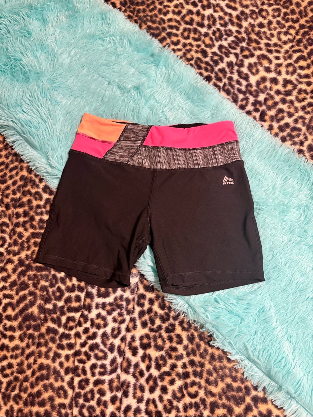 RBX Women's Black Active Wear Shorts with Pink and Orange Waistband